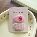 Pink strawberry embroidery and pink checkered fabric hair clips set on display card - Pink Strawberry
