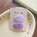 Cute Korean purple checkered fabric hair clips set with grape embroidery on a display card - Purple Grape