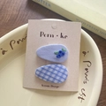 Set of two fabric hair clips featuring blue blueberry embroidery and blue-white check pattern - Blue Blueberry