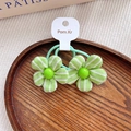Paire de chouchous à fleurs rayées vertes sur un présentoir en bois rustique - Élastique à Motif Floral