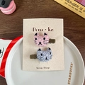 Pink and blue cat-shaped fabric hair clips with floral patterns and pearl details - Pink And Blue Cat Shapes