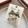 Brown plaid and floral fabric bow hair clips set on display card for women styling - Apricot Plaid And Floral Style