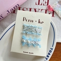Set de barrettes en dentelle bleu clair avec broderie cœur et perles sur carton - Cœur En Tweed Et Fleur En Dentelle / Bordure En Dentelle Cœur Bleu