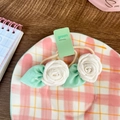 Set of two white fabric rose hair ties with green leaves and high elasticity bands - White Rose