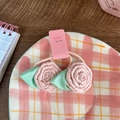 Pink satin rose flower hair ties with green leaves on display card for women - Pink Rose