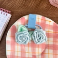 Light blue fabric rose hair tie with green leaves on high elastic scrunchie - Blue Rose