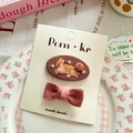 Set of 2 embroidered rabbit and pink bow hair clips for kids on a display card - Brown Red Rabbit Style