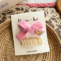 Pink knitted bow hair clip and beige barrette set with floral embroidery details - Pink and Red Bow