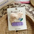 Beige knit bow hair clip with purple floral embroidery and lace BB clip set - Light Yellow Bow