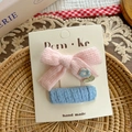 Pink crochet bow hair clip with daisy embroidery and blue fabric barrette for girls - Light Pink Bow