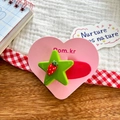 Cute Korean style green star hair clip with red strawberry detail on pink heart card - Strawberry Style