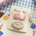 Set of pink embroidered swan and white tweed hair clips for girls on display card - Pink Swan