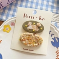 Pair of handmade fabric hair clips featuring embroidered bunny and tweed pattern - Green Jade Rabbit