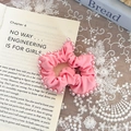 Pink satin scrunchie with faux pearl bead trim for elegant ponytail styling - Pink