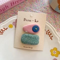 Barrette en tissu rose avec bouton bleu et épingle à cheveux verte pour filles - Bleu