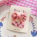 Barrette à nœud rouge à carreaux avec broderie cerise et ensemble de pinces à cheveux - Nœud à Carreaux Roses