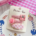 Pink checkered hair clips set with cherry embroidery and fabric rose for girls - Pink Cherry Flower