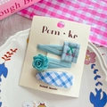 Three-piece girls' blue plaid hair clip set with cherry embroidery and fabric rose - Blue Cherry Flower