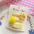 Three-piece set of yellow floral and cherry embroidery hair clips on display card - Yellow Cherry Flower