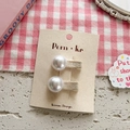 Set of two cream pearl bow hair clips for girls with beige herringbone fabric ribbon wraps - Large Pearl Style