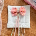 Fiocco rosa con paillettes, corona e lunghe nappe di perle per capelli da bambina - Clip per Capelli con Fiocco e Nappa / Nastro a Fiocco Rosa