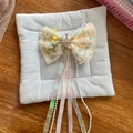 Barrette à nœud pailleté avec couronne argentée et perles pour petites filles - Nœud Abricot avec Rubans