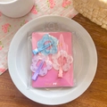 Three-piece floral hair clip set with gingham and polka dot patterns in soft pastel colors - Pink Card Flower Hairclip