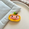 Handmade crochet hair clip featuring a cute pink pig and orange persimmon for kids - Persimmon Pig Style(NK1171) / Yellow