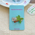 Sparkly green palm tree hair clip with sequins on a handmade paper display card - Green Coconut Tree
