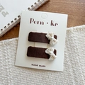 Coffee brown hair clips for kids featuring retro lace bow and white pearl accents - Square Lace Bow Style (NK1142) / Dark Brown