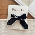 Pinza para el pelo con lazo de terciopelo negro y perlas en tarjeta de marca - Lazo Grande Perla (Estilo 1)
