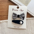 Black and white plaid bow hair clip set with velvet heart and hammered pearl detail - Bow Vertical Stripe Pearl (Style 6)