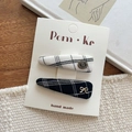Plaid fabric bow hair clips with camellia badge and gold bow on display card - Triangle Plaid Triangle Pearl (Style 9)