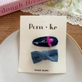 Ensemble barrette fleur brodée main et nœud en lin bleu pour bébés filles - Style Petite Fleur Et Nœud