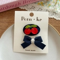 Ensemble de barrettes à broderie cerise et nœud en velours côtelé bleu fait main - Style Cerise Et Nœud