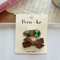 Cute brown bow and clover embroidered hair clips set for girls on a gift card - Four-Leaf Clover Embroidery And Bowknot Style