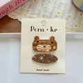 Handmade brown felt bear and floral fabric hair clip set on a white brand card - Brown Bear And Floral Style