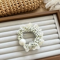 Green polka dot hair scrunchie with white lace edges and a pearl bead accent - Light Green Polka Dot