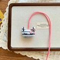 Cute blue and white striped fabric cat pendant with pink bow and embroidery details - Blue White Cat
