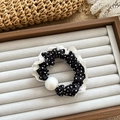 French style black polka dot hair scrunchie with white lace trim and pearl detail - Black Polka Dot