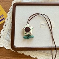Handmade linen star charm pendant with cherry pattern and brown leather cord - Star Flower