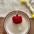 Handmade red apple fabric charm with white lace trim and hanging loop for accessories - Red Apple