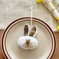 Cute white plush rabbit keychain with brown checkered ears and cream woven lanyard - Rabbit Nose