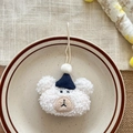 Cute white teddy bear plush charm with blue knit hat and lace pearl accent hanger - Navy Blue Bear