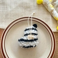 Handmade striped plush boot charm with small black pompom and white lanyard - Black and White Christmas Shoe