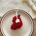 Handmade red crochet Christmas stocking ornament with lace, pearls and green pompom - Red Christmas Shoe