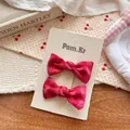 Pair of red plaid bow hair clips on display card with sweet lace and fabric texture - Red Bowknot (Pair)