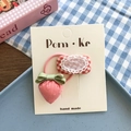 Roze aardbei haarelastiekje en rode ruitjes haarklem set met kanten rand - Rode Serie
