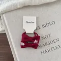 Detail of red bow hair clip and elastic tie set with cute pink animal embroidery - Red Bow Scrunchie