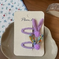 Sweet purple floral bunny ear hair clips set with pom-pom decor for young girls - Purple Floral